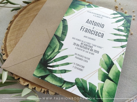 Invitaciones de boda naturales con hojas verdes de PALMERA y letras MODERNAS