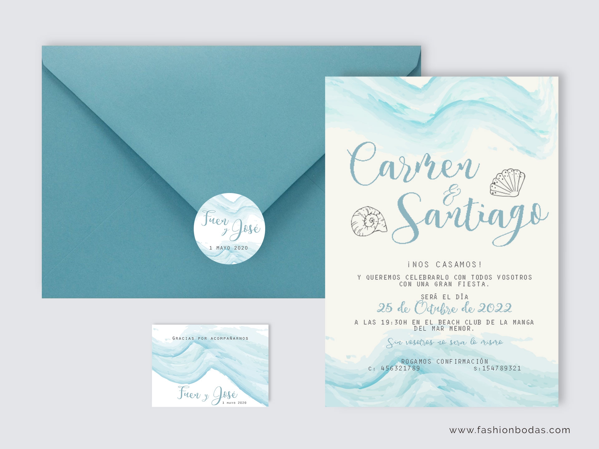 Invitación de boda MAR DE OLAS Color Rojo Sobre forrado Sobre sin forro  (incluido en el precio) Tarjetas nº cuenta No Impresión Digital (+40€)