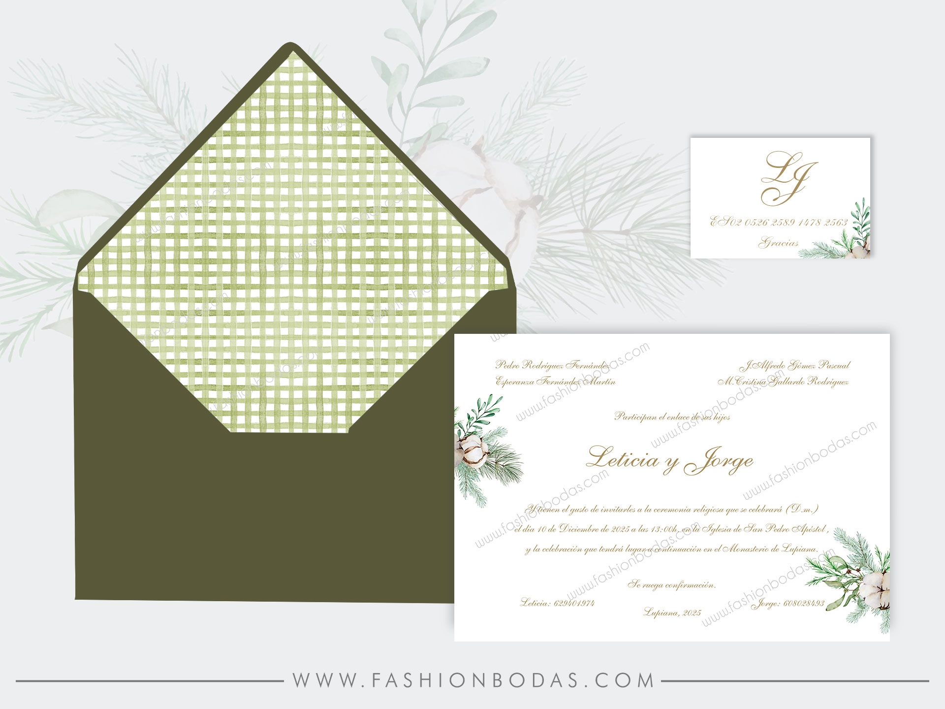 Invitaciones de boda clásicas y elegantes Color Verde Sobre forrado Sobre  sin forro (incluido en el precio) Tarjetas nº cuenta No Impresión Digital  (+40€)