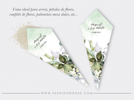 cono conos para arroz o pétalos o confeti para bodas con flores verdes