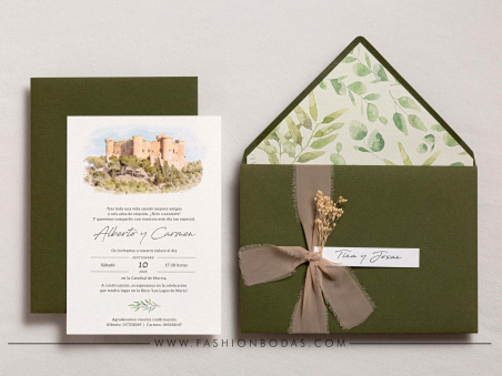 invitacion de boda sencilla y elegante con acuarela de la iglesia en colores verdes