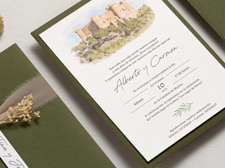 invitacion de boda sencilla y elegante con acuarela de la iglesia en colores verdes naturaleza