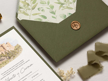 invitacion de boda sencilla y elegante con acuarela de la iglesia en colores verdes oliva