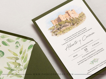 invitacion de boda sencilla y elegante con acuarela de la iglesia en colores verdes oliva