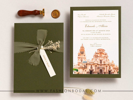 invitacion de boda sencilla y elegante con acuarela de la iglesia en colores verdes