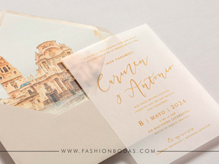 invitacion de boda sencilla y elegante con acuarela de la iglesia en colores naturales papel vegetal