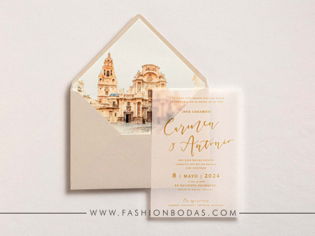 invitacion de boda sencilla y elegante con acuarela de la iglesia en colores naturales papel vegetal