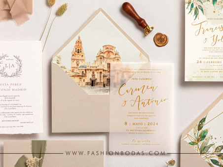 invitacion de boda sencilla y elegante con acuarela de la iglesia en colores naturales papel vegetal