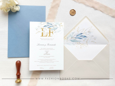 Invitaciones de boda con hojas doradas y azules en acuarela, clásica sencilla elegante color dorado con iniciales