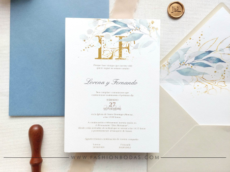 Invitaciones de boda con hojas doradas y azules en acuarela, clásica sencilla elegante color dorado con iniciales