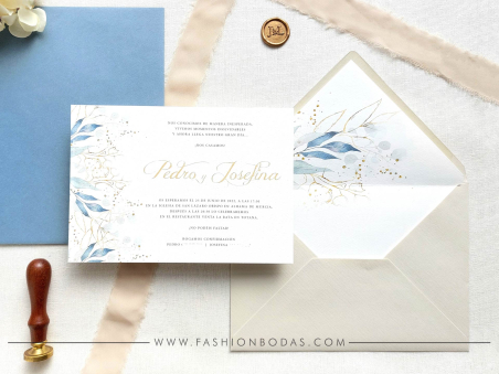 Invitaciones de boda con hojas doradas y azules en acuarela, clásica sencilla elegante color dorado