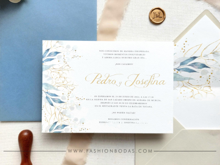 Invitaciones de boda con hojas doradas y azules en acuarela, clásica sencilla elegante color dorado