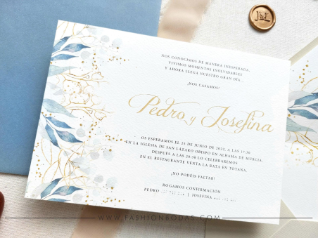 Invitaciones de boda con hojas doradas y azules en acuarela, clásica sencilla elegante color dorado