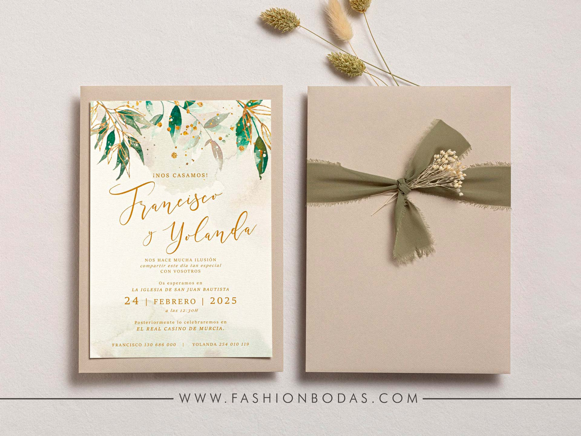 Invitación de boda - HOJAS VERDES CON DORADO