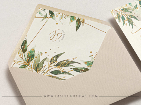 Invitación de boda - HOJAS VERDES CON DORADO