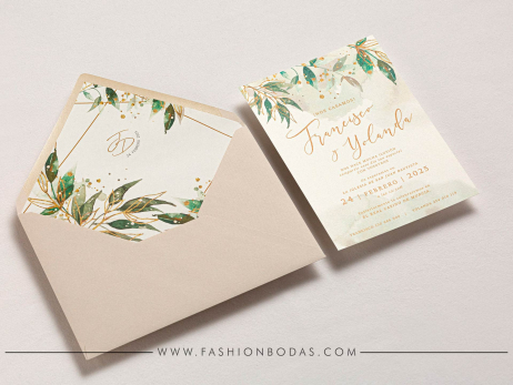 Invitación de boda - HOJAS VERDES CON DORADO