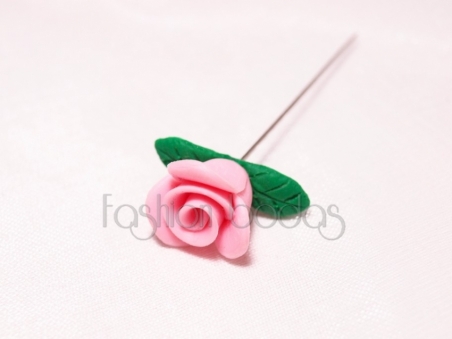 Alfiler de boda - ROSA CON HOJAS FIMO rosa claro